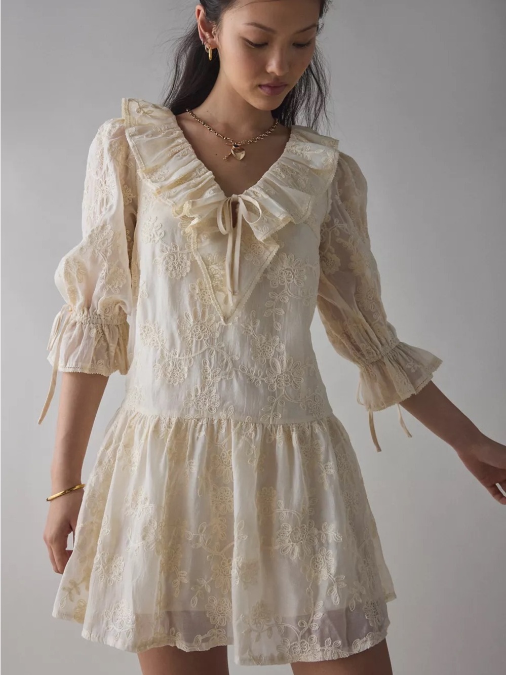 Kiss The Sky Embroidered Ruffle Mini Dress | Urban Outfitters | XS